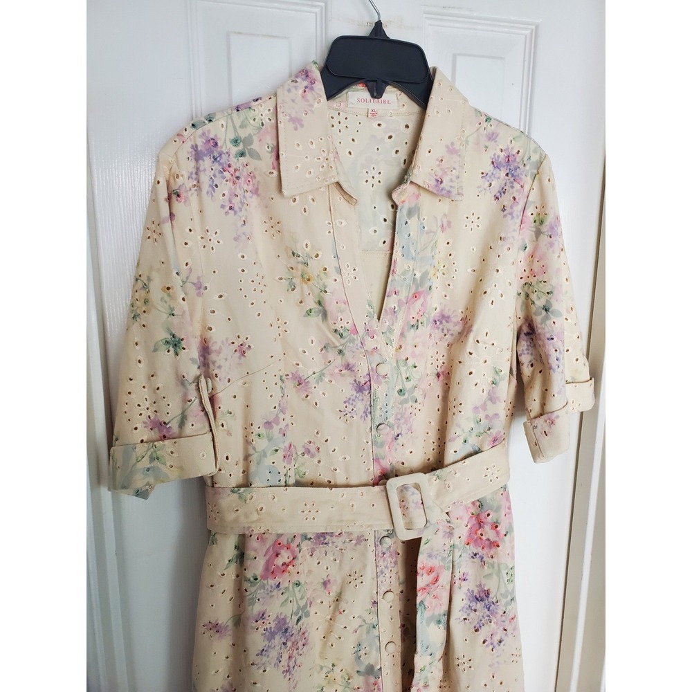 Solitaire‎ Floral Eyelet Belted Shirt Dress XL Pastel Button Front Cottagecore